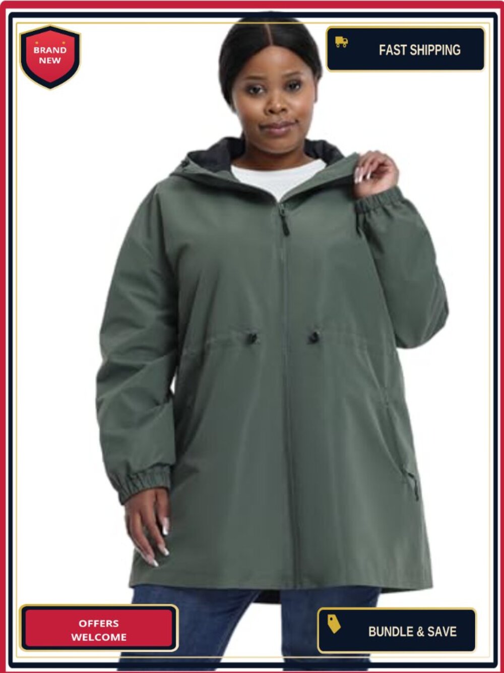 Plus Size Water-Resistant Windbreaker Jacket with Hood